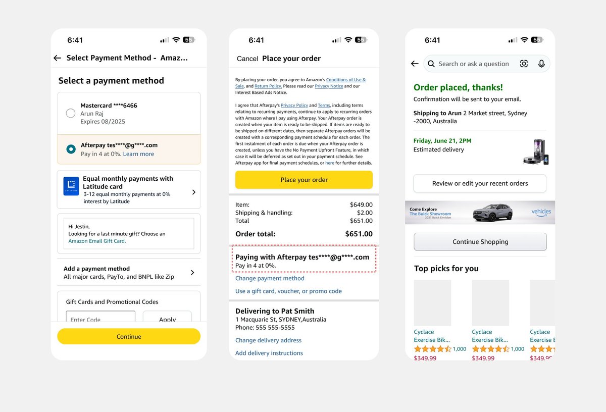 Checkout — Payment Selection, Afterpay Pay in 4 at 0% on Amazon AU