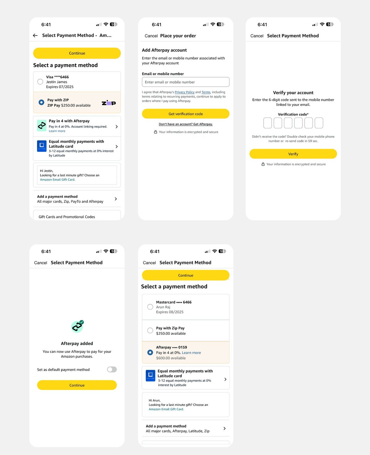 Frictionless Afterpay account linking via OTP — inline checkout flow
