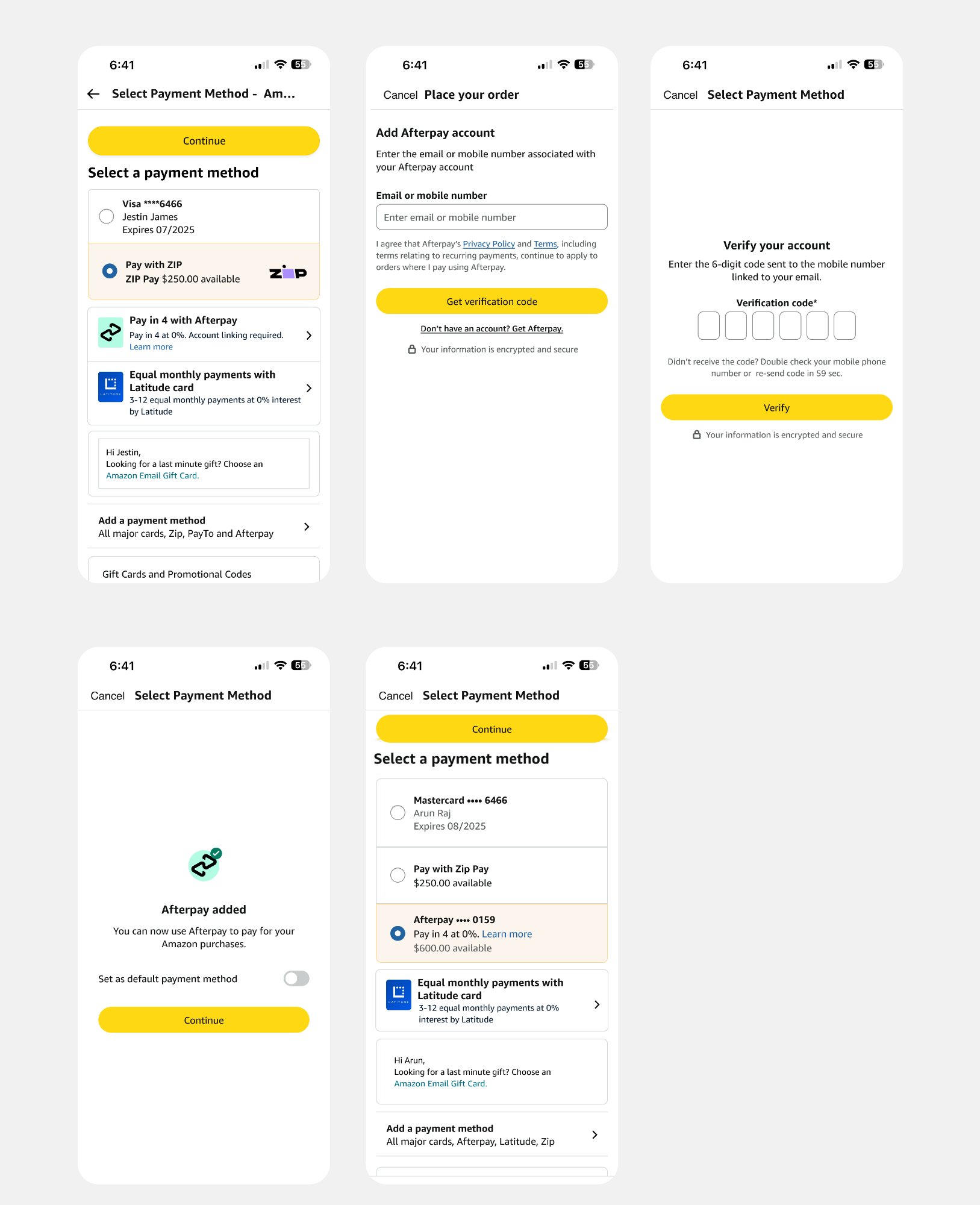 Frictionless Afterpay account linking via OTP — inline checkout flow