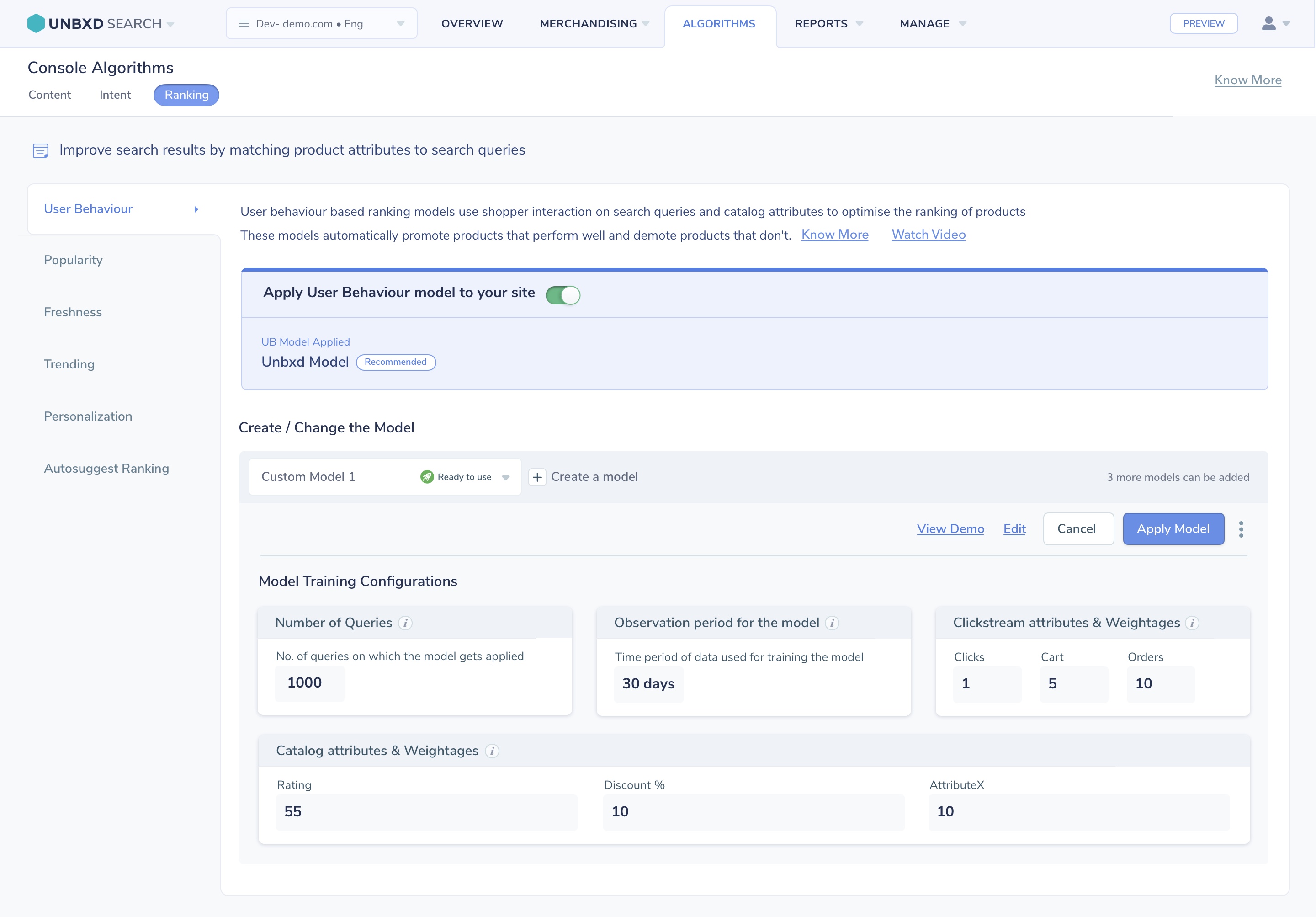 Algorithms — Ranking Models Console