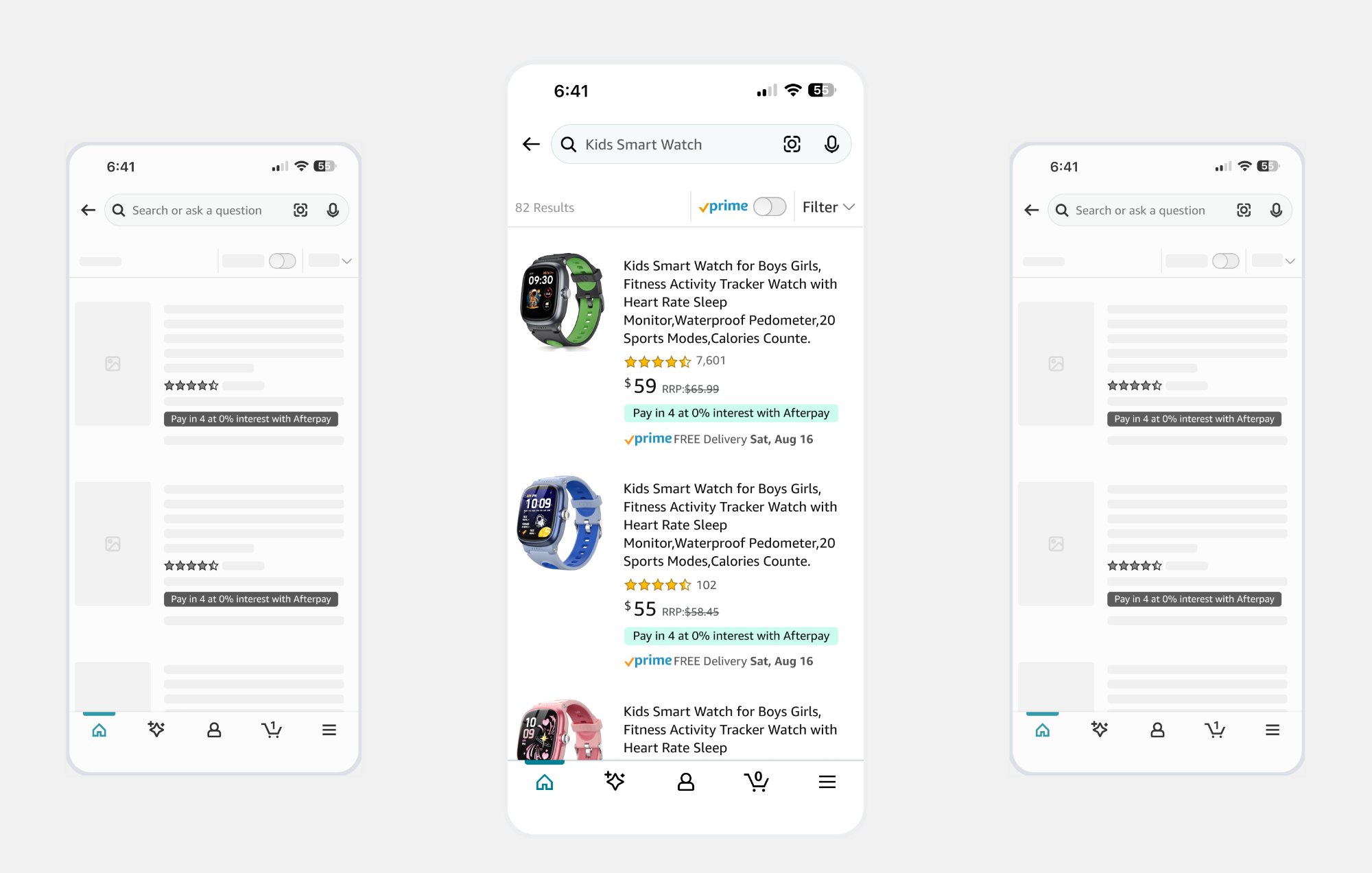 Afterpay signals on Amazon AU search results — Pay in 4 at 0% interest badge