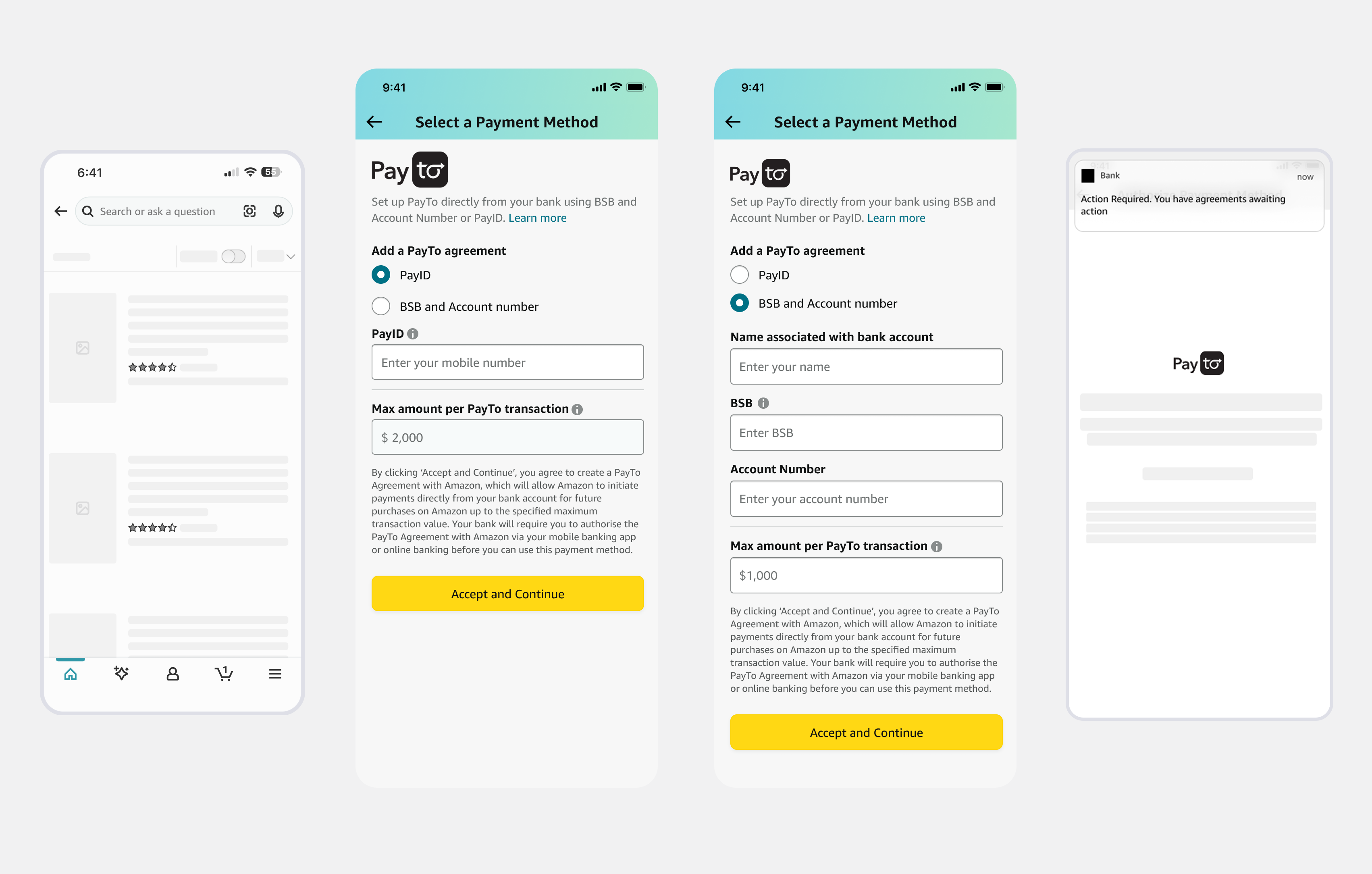 PayID entry and bank account verification flow