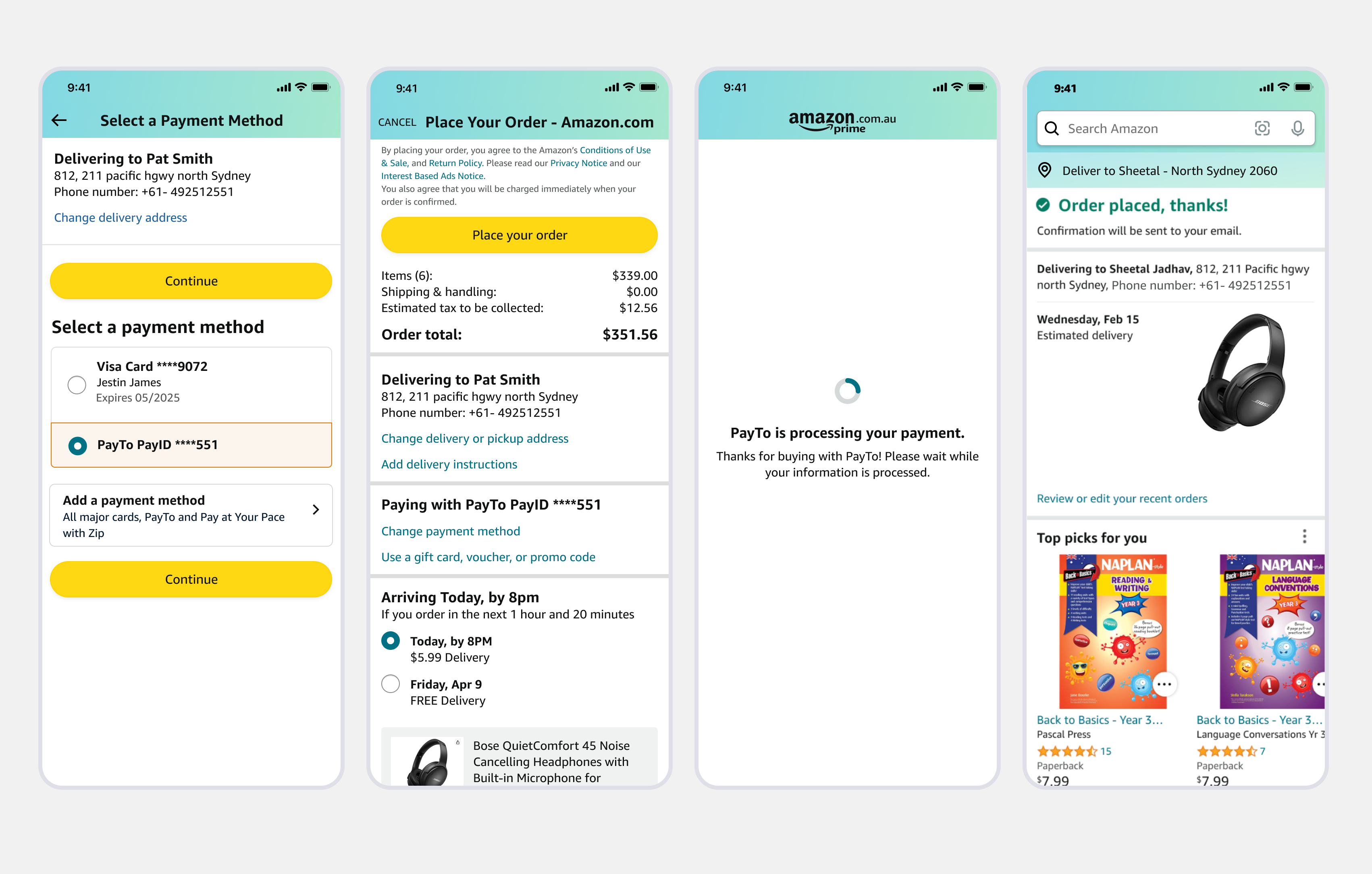 PayTo one-tap reusable checkout — returning customer express payment flow