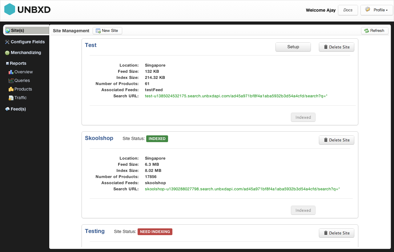 Original Unbxd console — Site Management screen with backend-oriented sidebar navigation